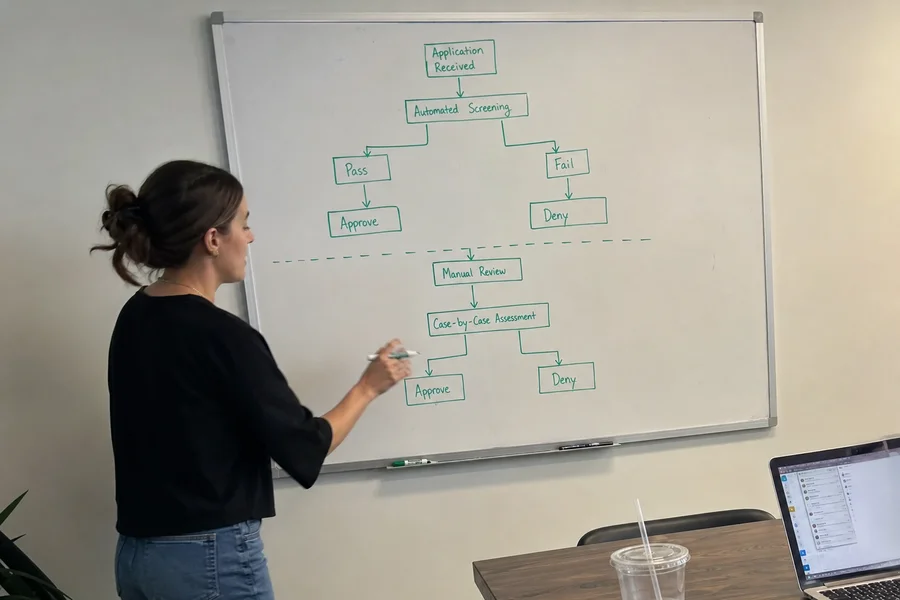 Flow of automated denial vs manual review paths