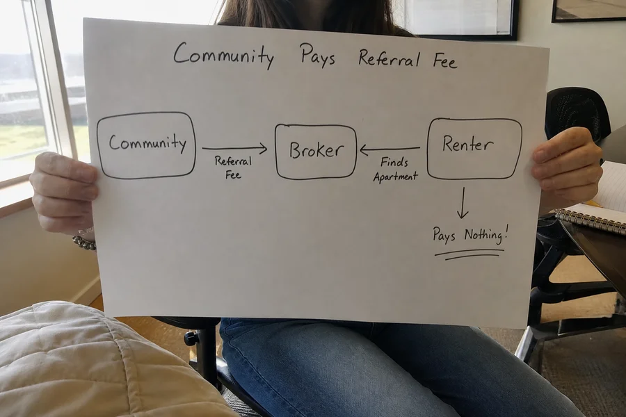 Flow graphic showing the community-pays-referral-fee model