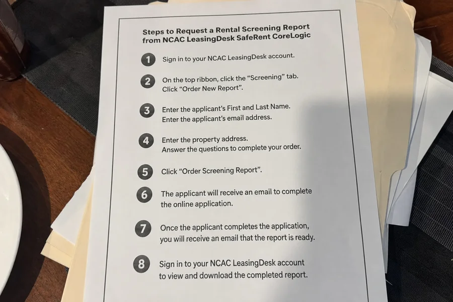 Numbered checklist of steps to request rental screening reports