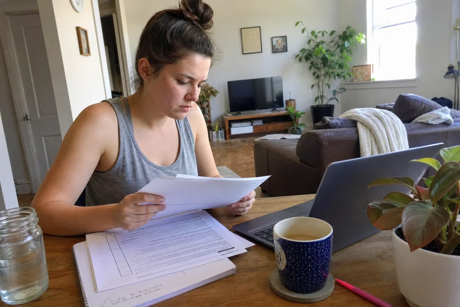 Renter reviewing an apartment shortlist during summer search
