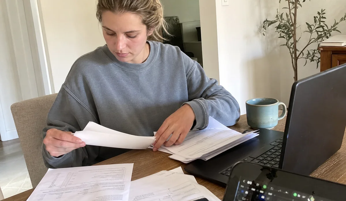 Renter organizing income documentation for a broken-lease application
