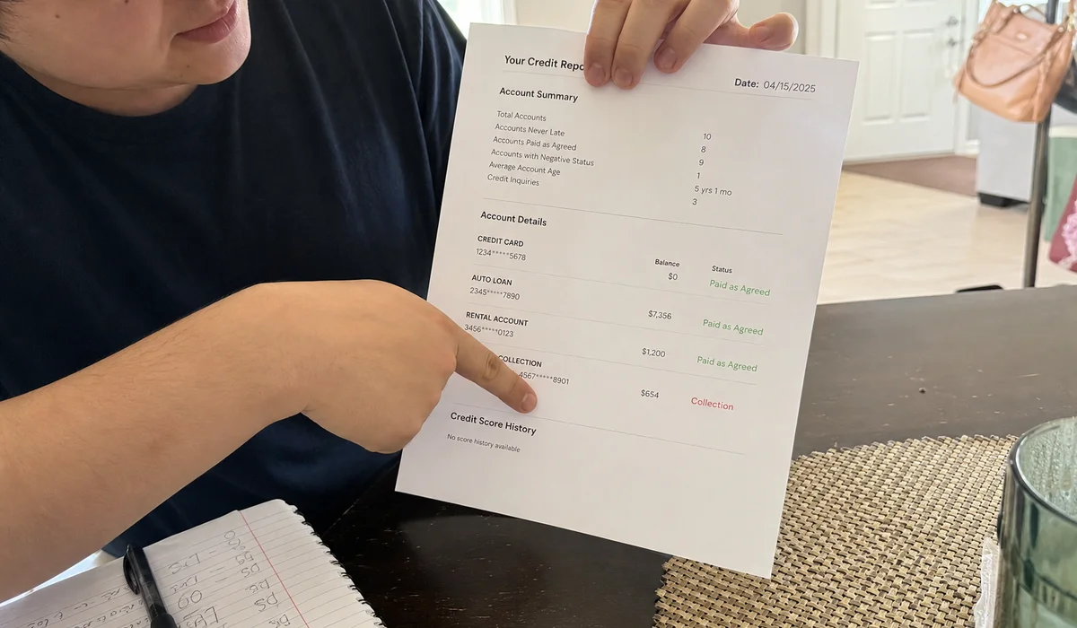 Renter reviewing a paid collection line on a credit report